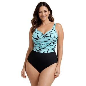 Miraclesuit Aqua & Black Leaf Print One-Piece Swimsuit US 14